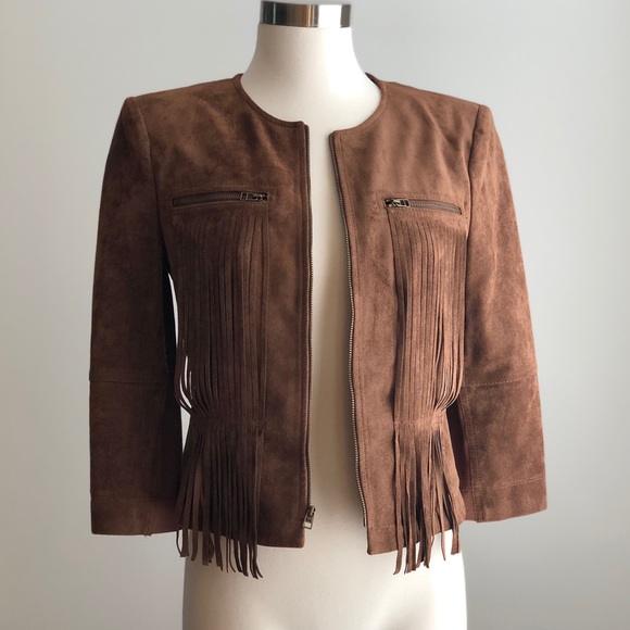 BCBG Boho Western Cowgirl Vintage Inspired Fringe Suede Brown Jacket Small - Picture 4 of 11